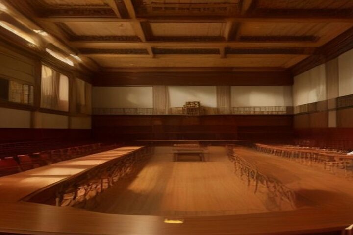 Salón de sesiones legislativo vacío con curules de madera y luz cálida, ilustración de la glosa del informe en la Ciudad de México