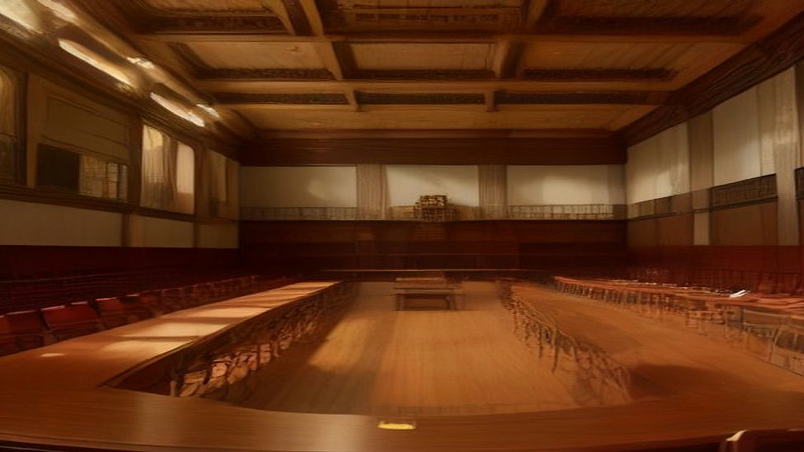 Salón de sesiones legislativo vacío con curules de madera y luz cálida, ilustración de la glosa del informe en la Ciudad de México