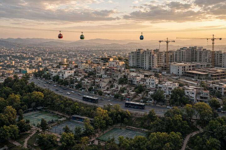 Vista aérea de un barrio de la Ciudad de México con Cablebús, vivienda social en construcción, autobuses eléctricos y un parque público
