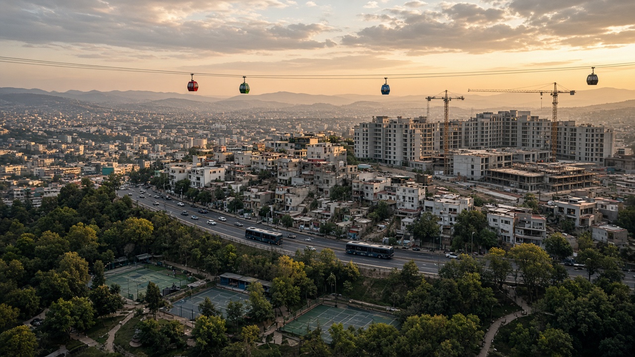 Vista aérea de un barrio de la Ciudad de México con Cablebús, vivienda social en construcción, autobuses eléctricos y un parque público