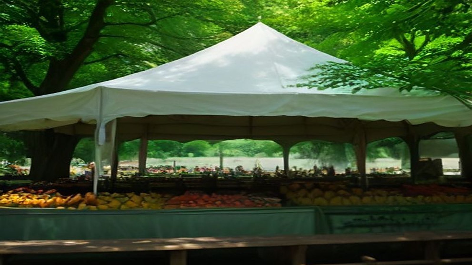 Mercado al aire libre bajo una gran carpa blanca en un jardín arbolado, con mesas largas llenas de frutas y verduras frescas de colores