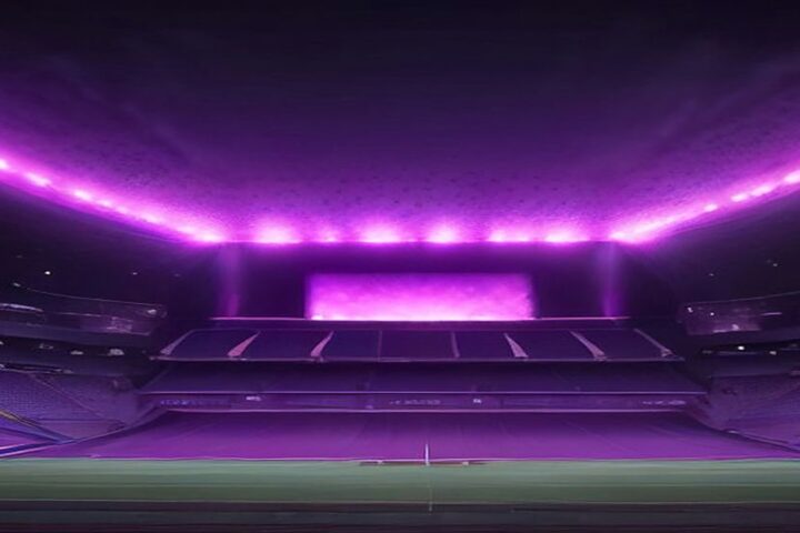 Estadio vacío de noche iluminado con luces magenta y púrpura sobre la cancha, listo para un concierto
