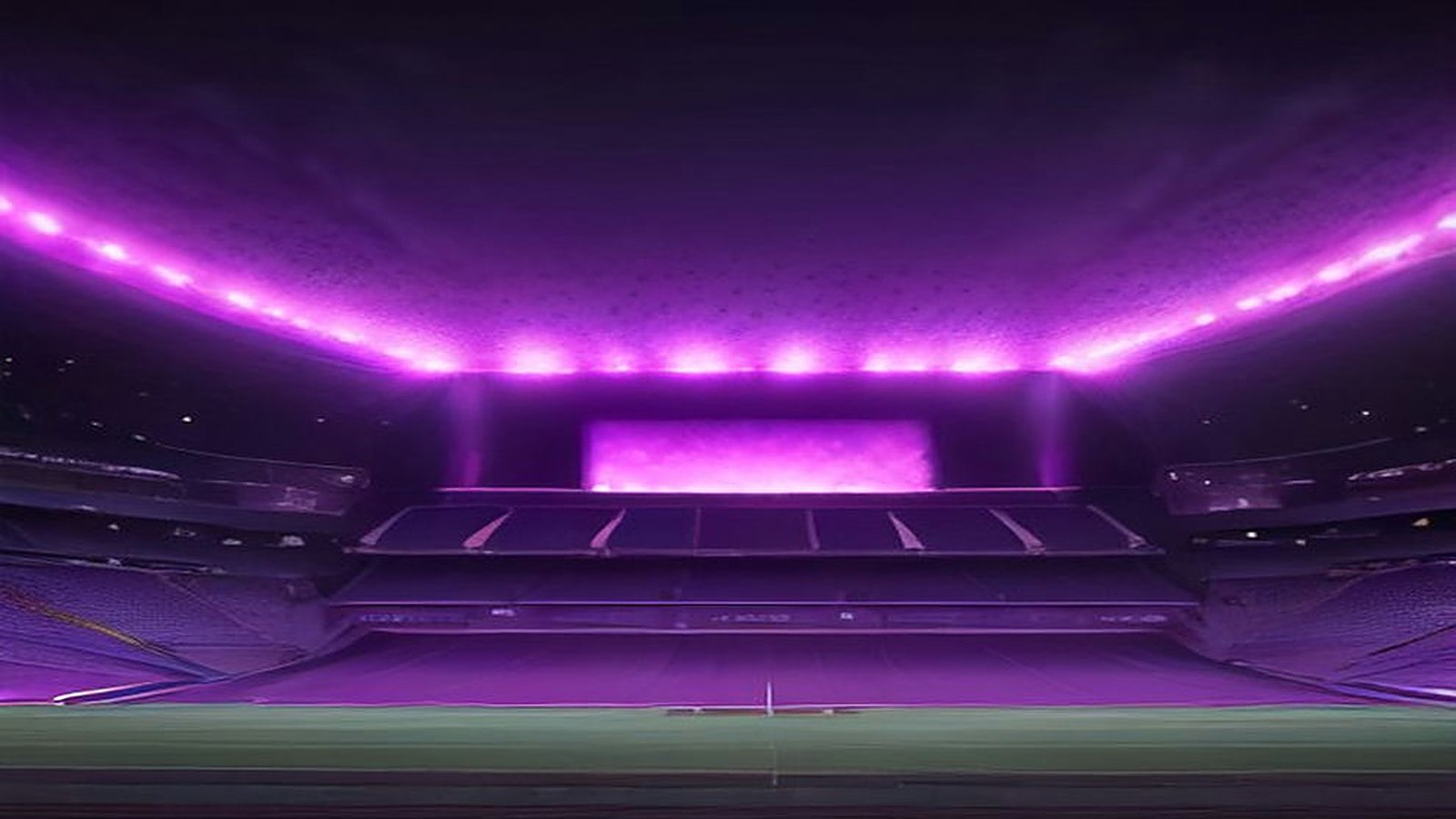 Estadio vacío de noche iluminado con luces magenta y púrpura sobre la cancha, listo para un concierto