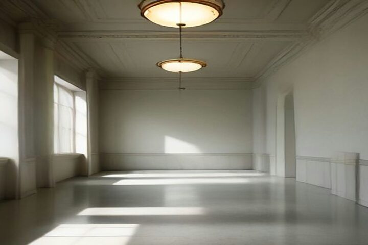 Sala de museo vacía de techos altos con muros blancos, lámparas colgantes y luz de ventana que se refleja en el piso de mármol