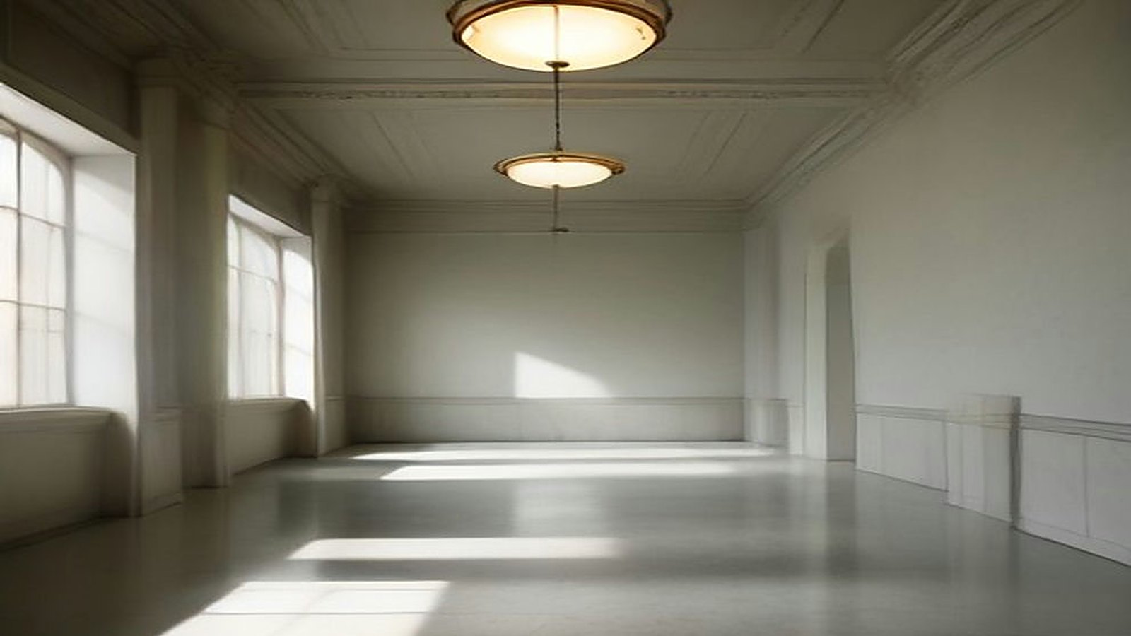 Sala de museo vacía de techos altos con muros blancos, lámparas colgantes y luz de ventana que se refleja en el piso de mármol