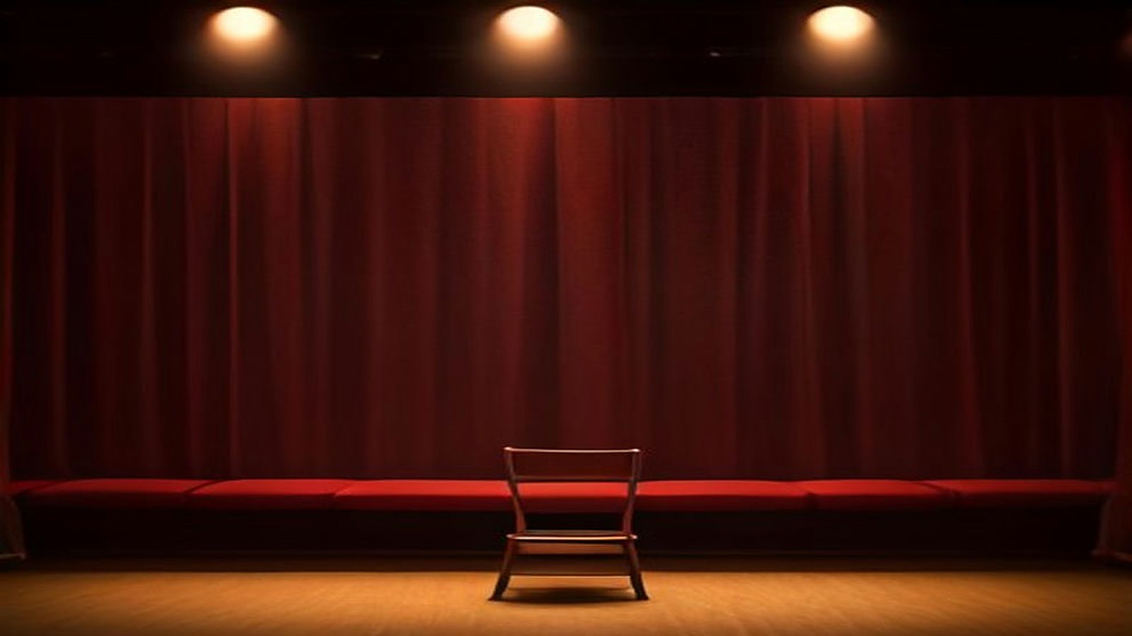 Escenario de comedia vacío con una silla de madera bajo reflectores cálidos y un telón de terciopelo rojo al fondo