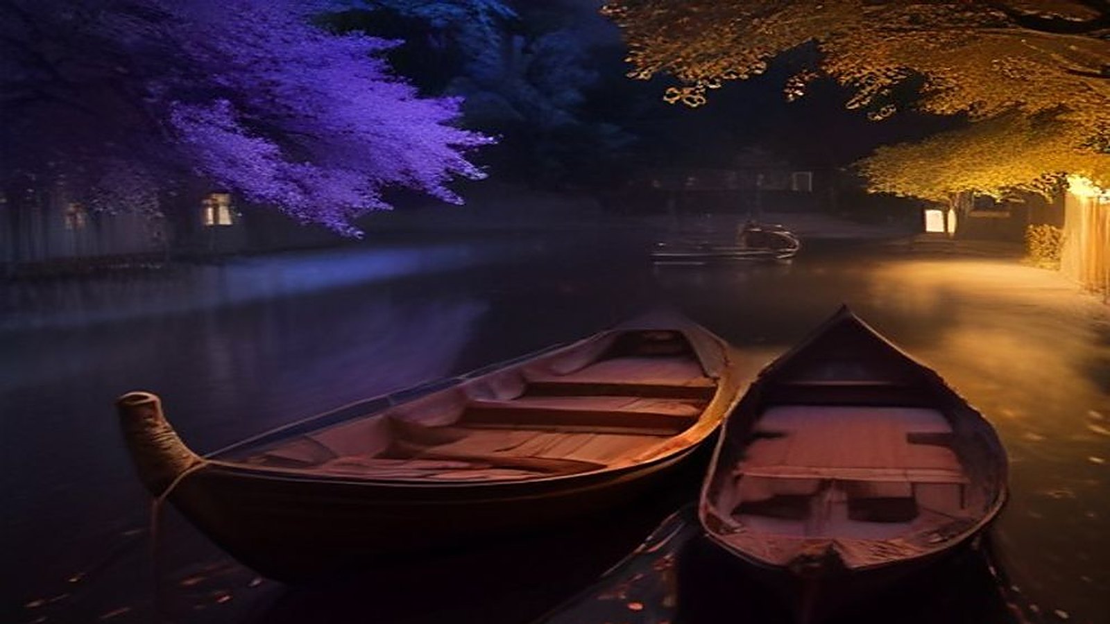 Dos lanchas de madera amarradas en un canal nocturno rodeado de árboles iluminados en tonos morados y anaranjados, con luces cálidas reflejadas en el agua