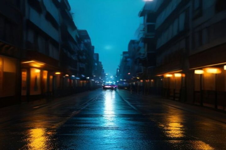 Calle urbana de noche con pavimento mojado que refleja las luces de los locales y edificios a ambos lados