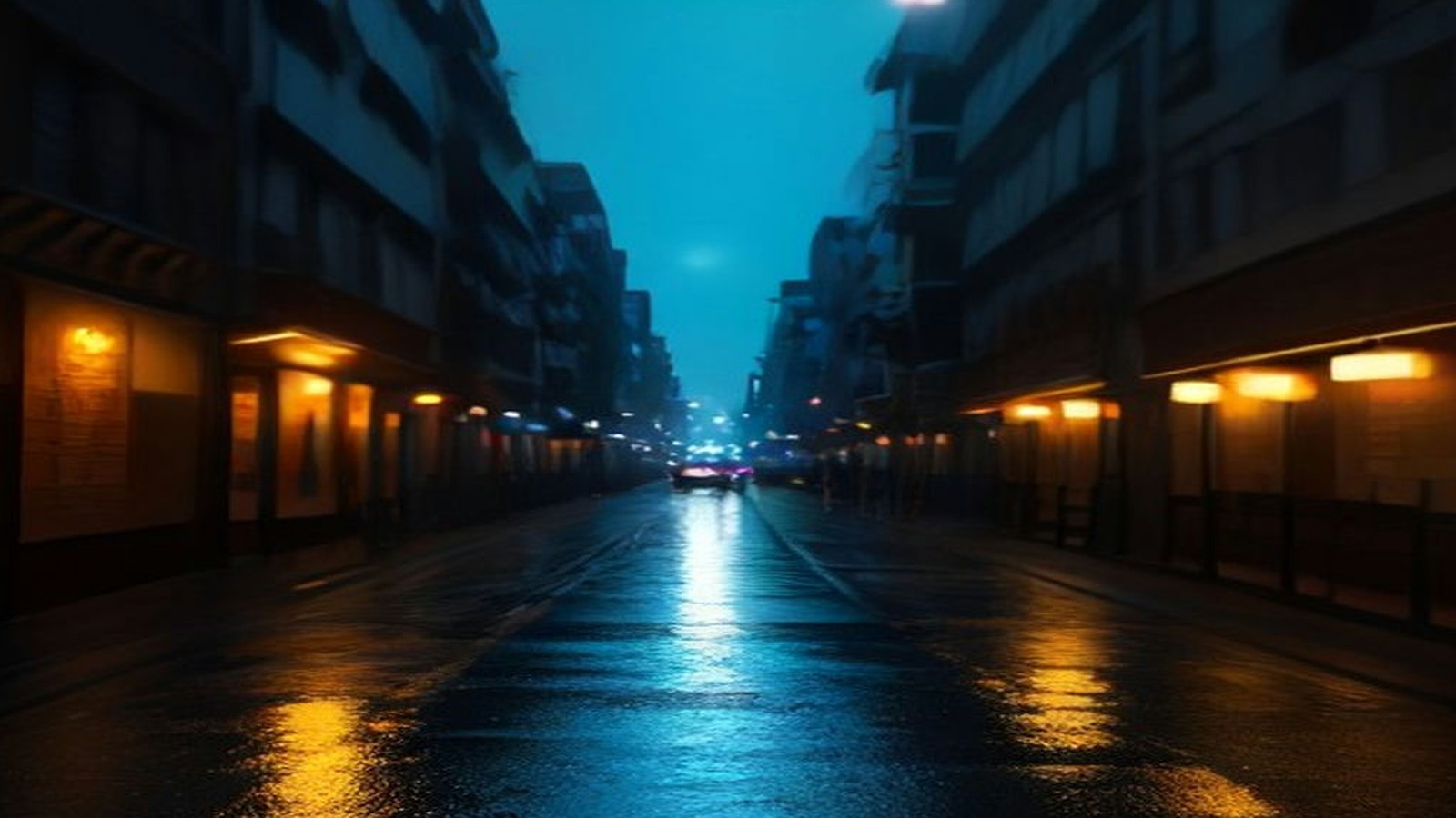 Calle urbana de noche con pavimento mojado que refleja las luces de los locales y edificios a ambos lados