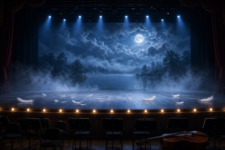 Escenario vacío con luz azul de luna, niebla y plumas blancas sobre la duela, y atriles de orquesta en el foso antes de una función de ballet