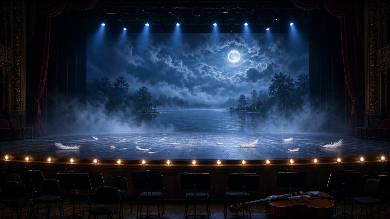 Escenario vacío con luz azul de luna, niebla y plumas blancas sobre la duela, y atriles de orquesta en el foso antes de una función de ballet