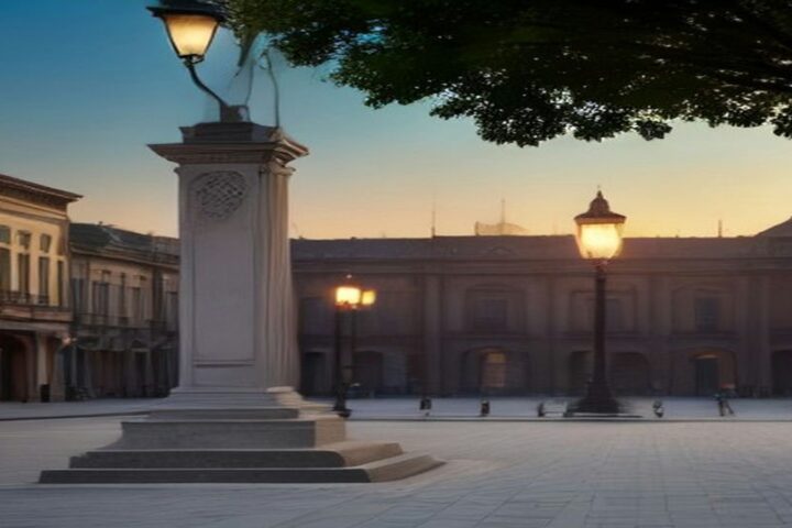 Plaza empedrada del Centro Histórico de la Ciudad de México al atardecer, con un pedestal de piedra, faroles encendidos, un árbol y edificios coloniales al fondo