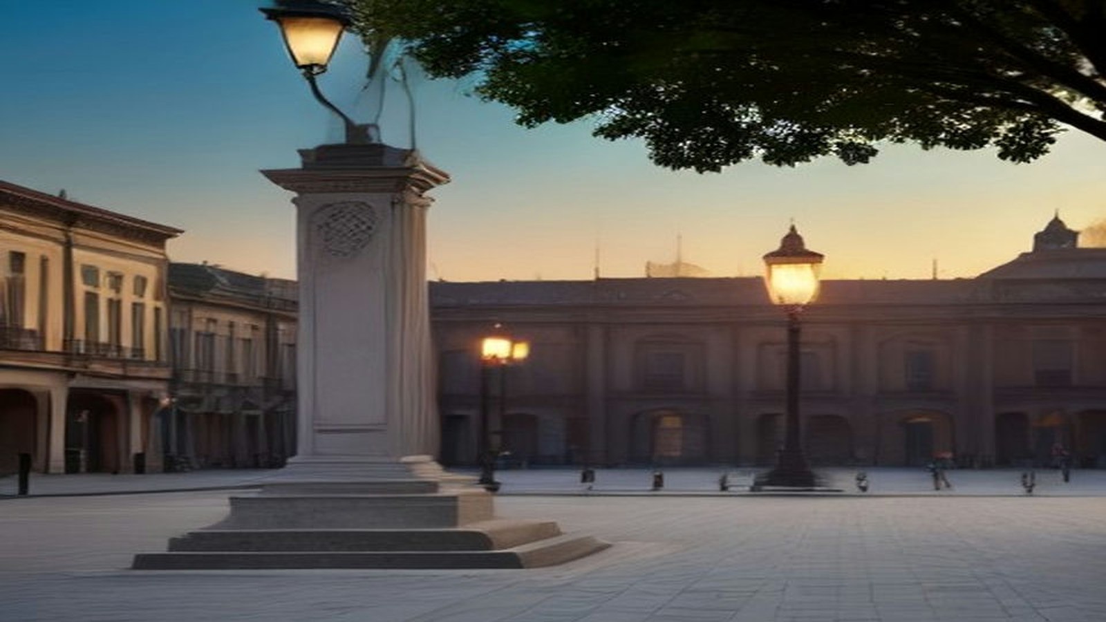 Plaza empedrada del Centro Histórico de la Ciudad de México al atardecer, con un pedestal de piedra, faroles encendidos, un árbol y edificios coloniales al fondo