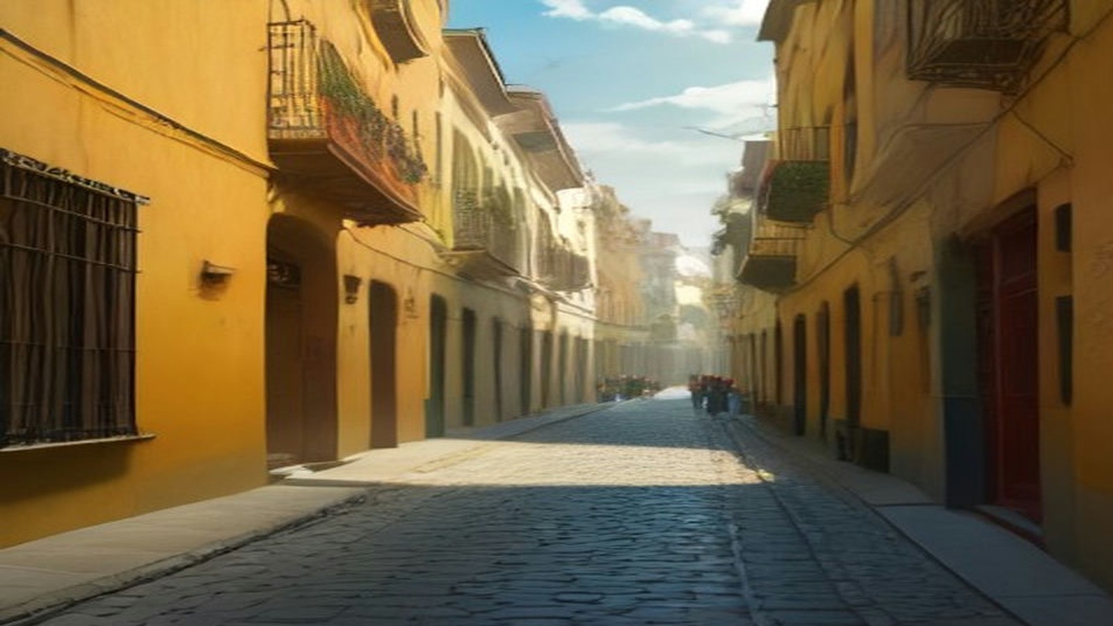 Calle empedrada de la Ciudad de México con edificios antiguos de fachadas amarillas, balcones de herrería y macetas, iluminada por el sol de la tarde