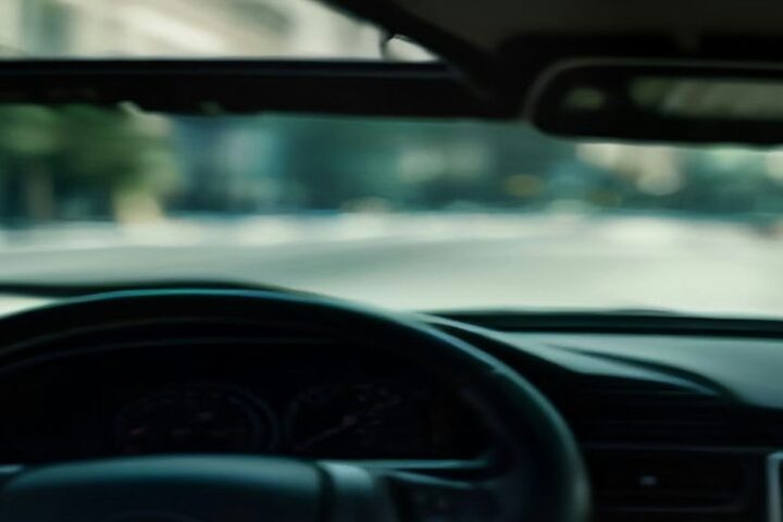 Volante y tablero de un automóvil estacionado con una calle de la ciudad desenfocada al fondo bajo luz de mañana