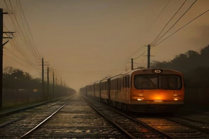 Tren naranja del Metro sobre vías superficiales mojadas bajo cables de catenaria y postes, al amanecer con neblina en el oriente de la Ciudad de México
