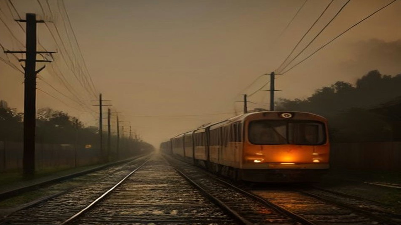 Tren naranja del Metro sobre vías superficiales mojadas bajo cables de catenaria y postes, al amanecer con neblina en el oriente de la Ciudad de México