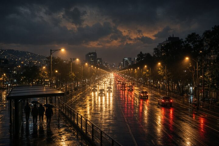 Avenida de la Ciudad de México de noche con lluvia, pavimento mojado que refleja las luces de los autos y una parada de transporte techada con siluetas lejanas bajo paraguas
