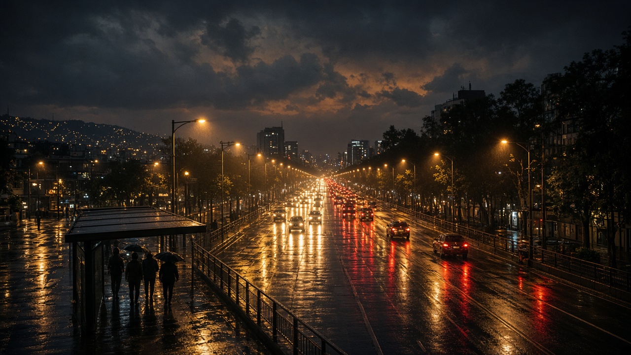 Avenida de la Ciudad de México de noche con lluvia, pavimento mojado que refleja las luces de los autos y una parada de transporte techada con siluetas lejanas bajo paraguas