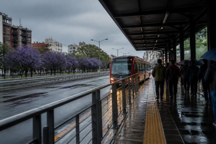 Andén techado de una estación de autobús de tránsito rápido en una avenida de la Ciudad de México en una mañana nublada, con piso mojado, un autobús rojo llegando y usuarios con paraguas vistos de espaldas