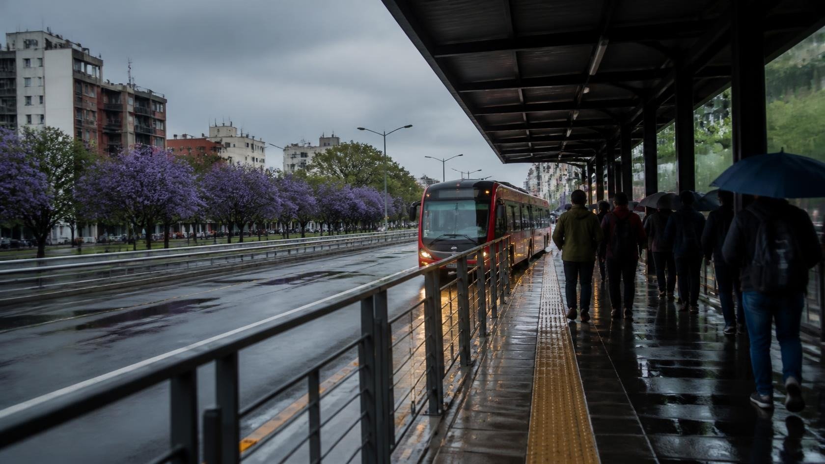 Andén techado de una estación de autobús de tránsito rápido en una avenida de la Ciudad de México en una mañana nublada, con piso mojado, un autobús rojo llegando y usuarios con paraguas vistos de espaldas
