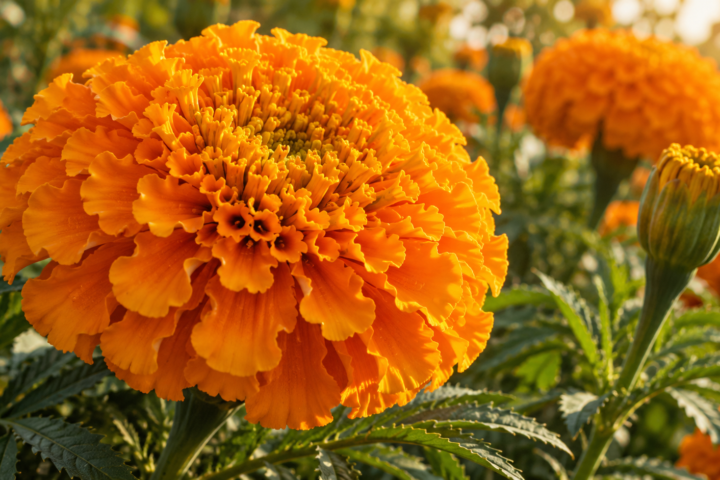 Ilustración de una cabezuela naranja de cempasúchil, con flores pequeñas agrupadas y hojas verdes al fondo.