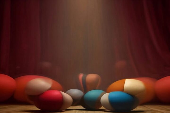 Pelotas de malabares de colores sobre el piso de madera de un escenario vacío, iluminadas por un reflector frente a un telón de terciopelo rojo