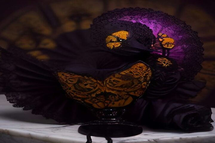 Escultura ornamental de encaje negro y acentos dorados sobre mármol, con fondo oscuro y halo violeta, sin personas