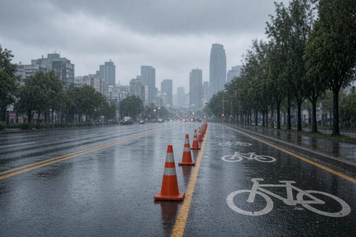 Avenida urbana mojada por lluvia con conos naranjas y carril exclusivo para bicicletas en la Ciudad de México