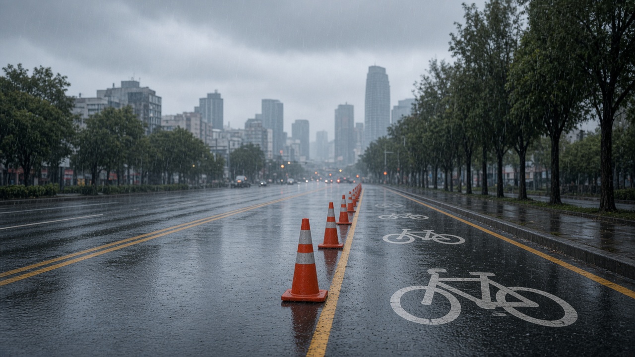 Avenida urbana mojada por lluvia con conos naranjas y carril exclusivo para bicicletas en la Ciudad de México