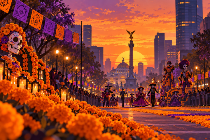 Ilustración de una avenida de Ciudad de México decorada para Día de Muertos