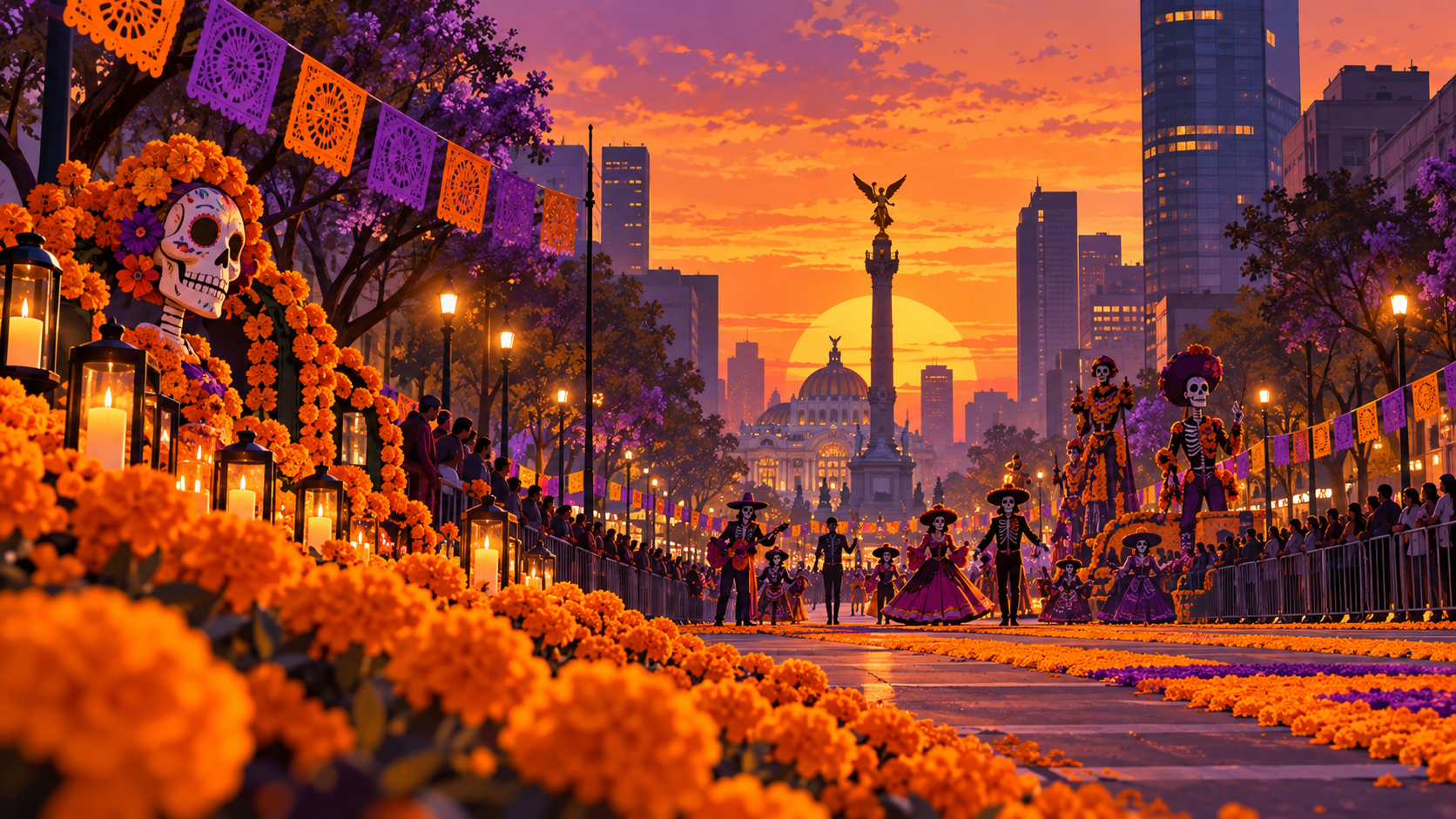 Ilustración de una avenida de Ciudad de México decorada para Día de Muertos