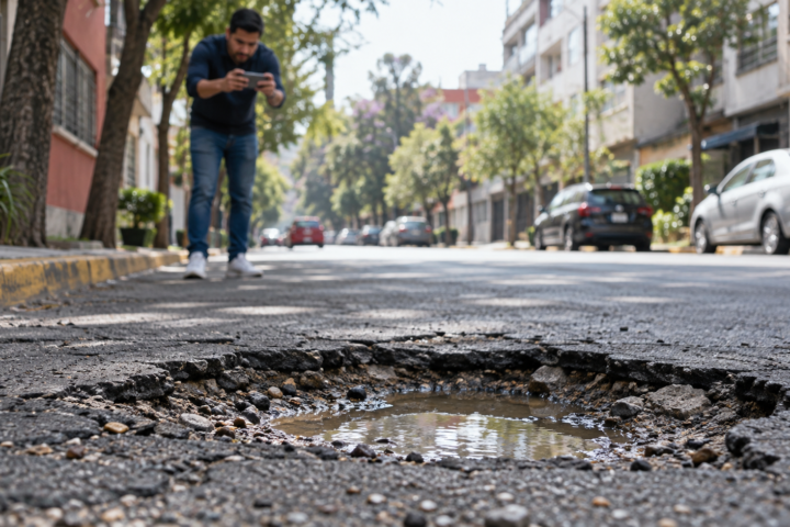 Bache en una calle de Ciudad de México mientras una persona lo fotografía para reportarlo