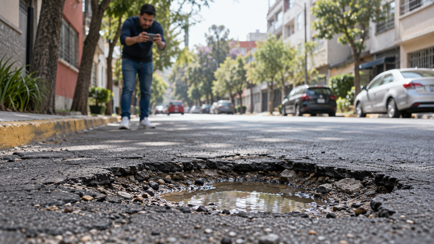 Bache en una calle de Ciudad de México mientras una persona lo fotografía para reportarlo