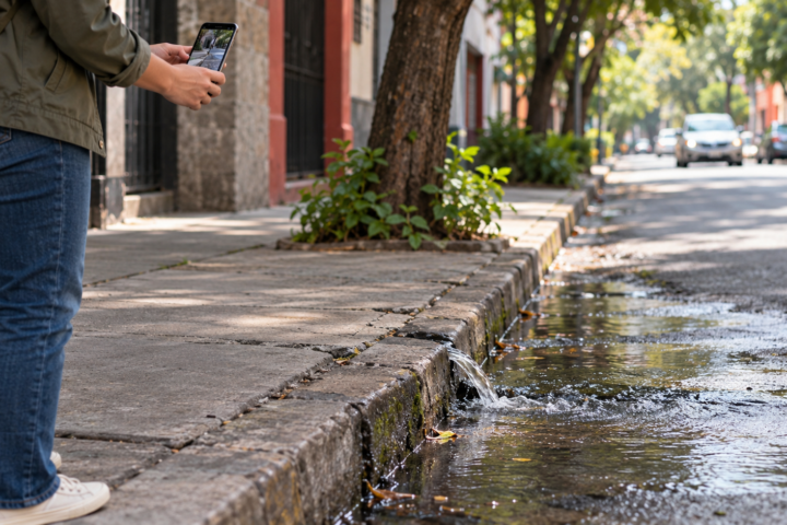 Fuga de agua en una banqueta de Ciudad de México mientras una persona registra la ubicación desde un lugar seguro