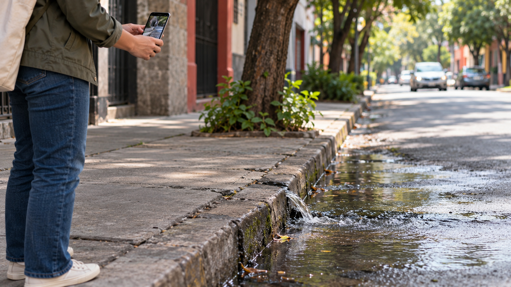 Fuga de agua en una banqueta de Ciudad de México mientras una persona registra la ubicación desde un lugar seguro