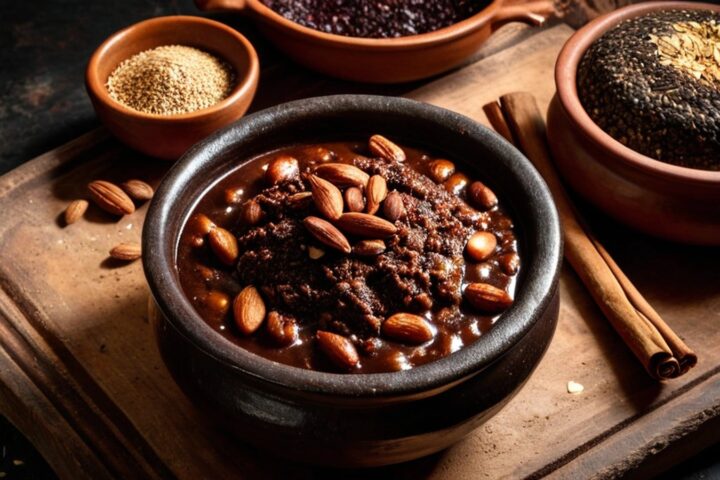 Cazuela de barro con mole almendrado y guajolote rodeada de chiles secos, almendras, ajonjolí, canela, chocolate de mesa y un metate de piedra