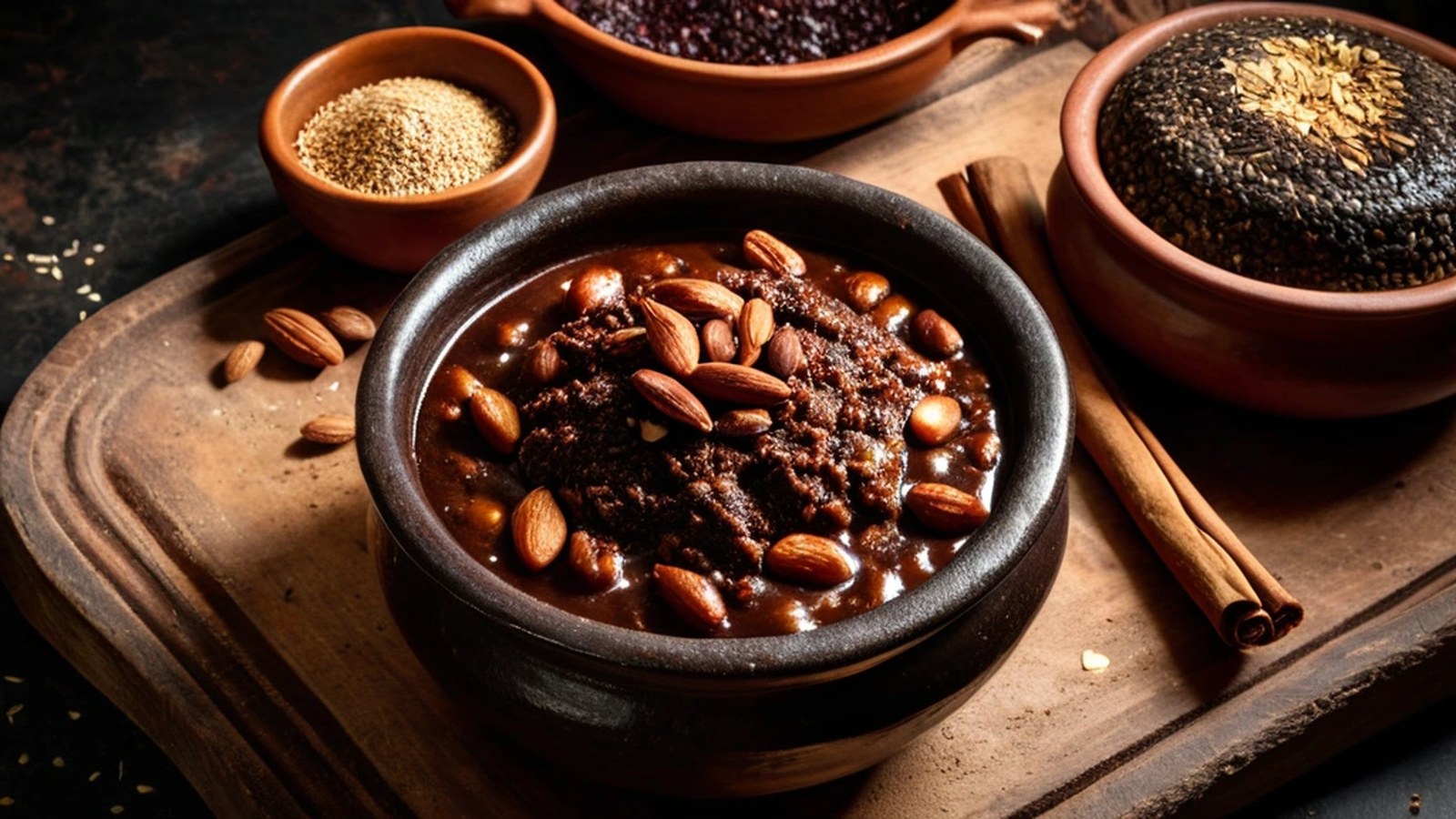 Cazuela de barro con mole almendrado y guajolote rodeada de chiles secos, almendras, ajonjolí, canela, chocolate de mesa y un metate de piedra