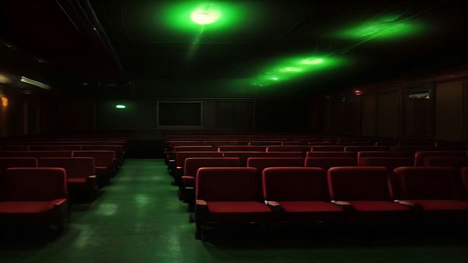Sala de cine antigua con butacas rojas vacías, iluminada por destellos verdes en el techo y un ambiente de misterio