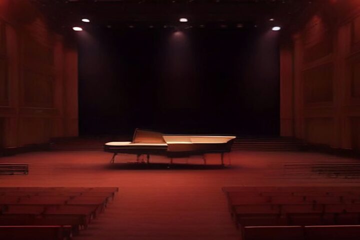 Sala de conciertos vacía con un piano de cola sobre el escenario, luces cenitales encendidas y filas de butacas rojas sin público