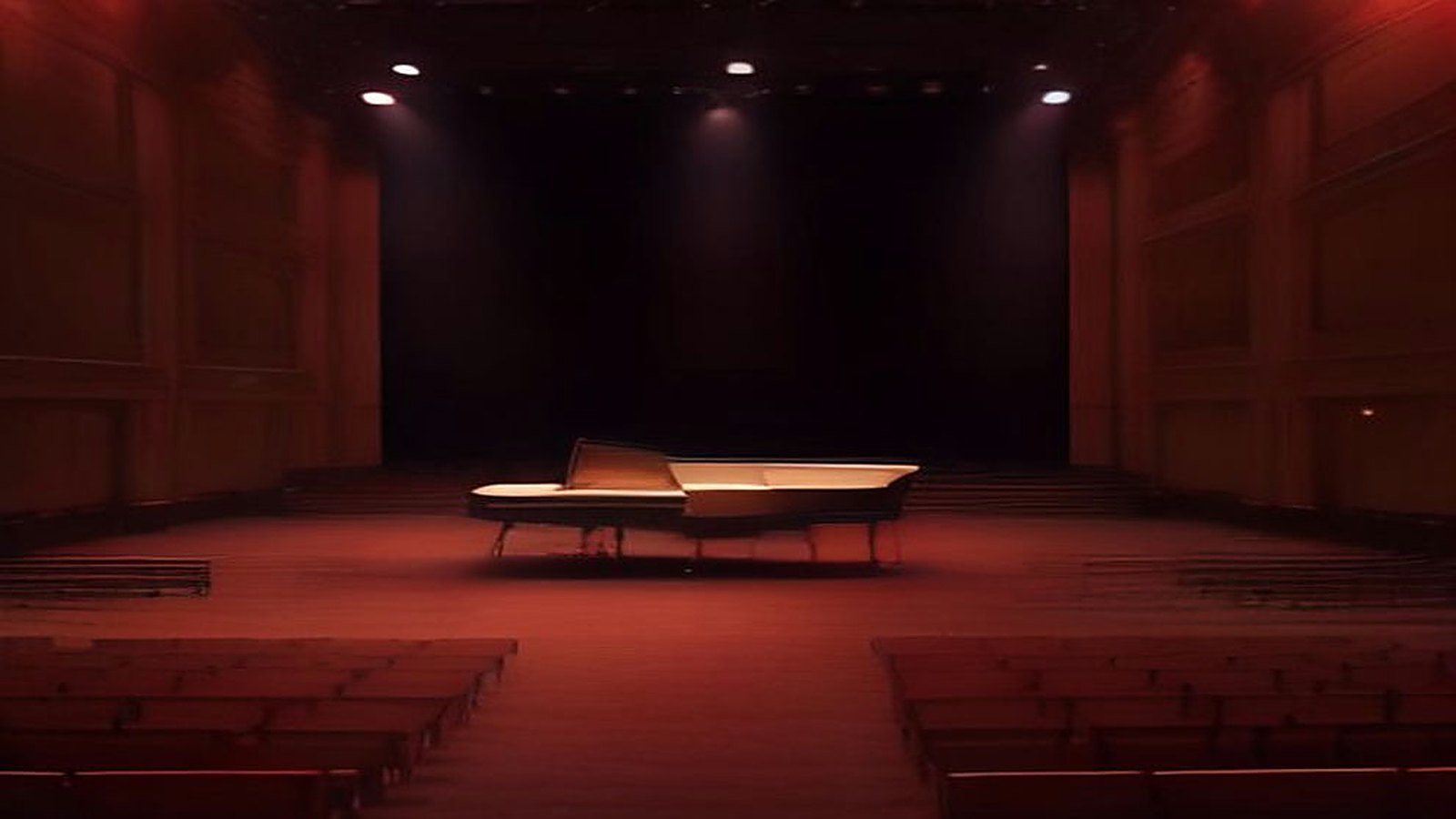 Sala de conciertos vacía con un piano de cola sobre el escenario, luces cenitales encendidas y filas de butacas rojas sin público