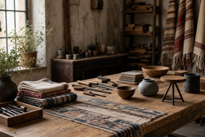 Taller de diseño o showroom local en la Ciudad de México con piezas en exhibición y visitantes