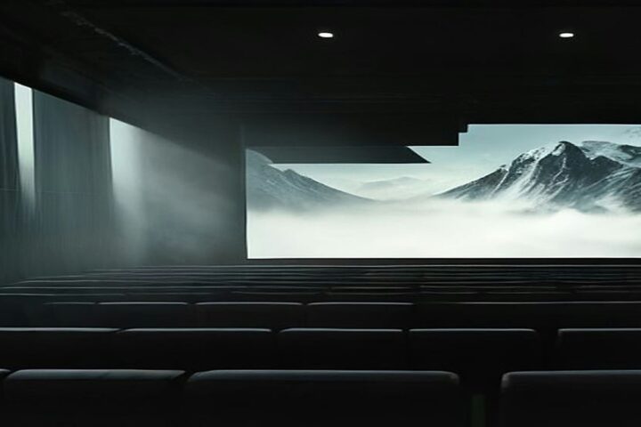Sala de cine vacía y en penumbra con una pantalla que proyecta montañas entre niebla y filas de butacas oscuras
