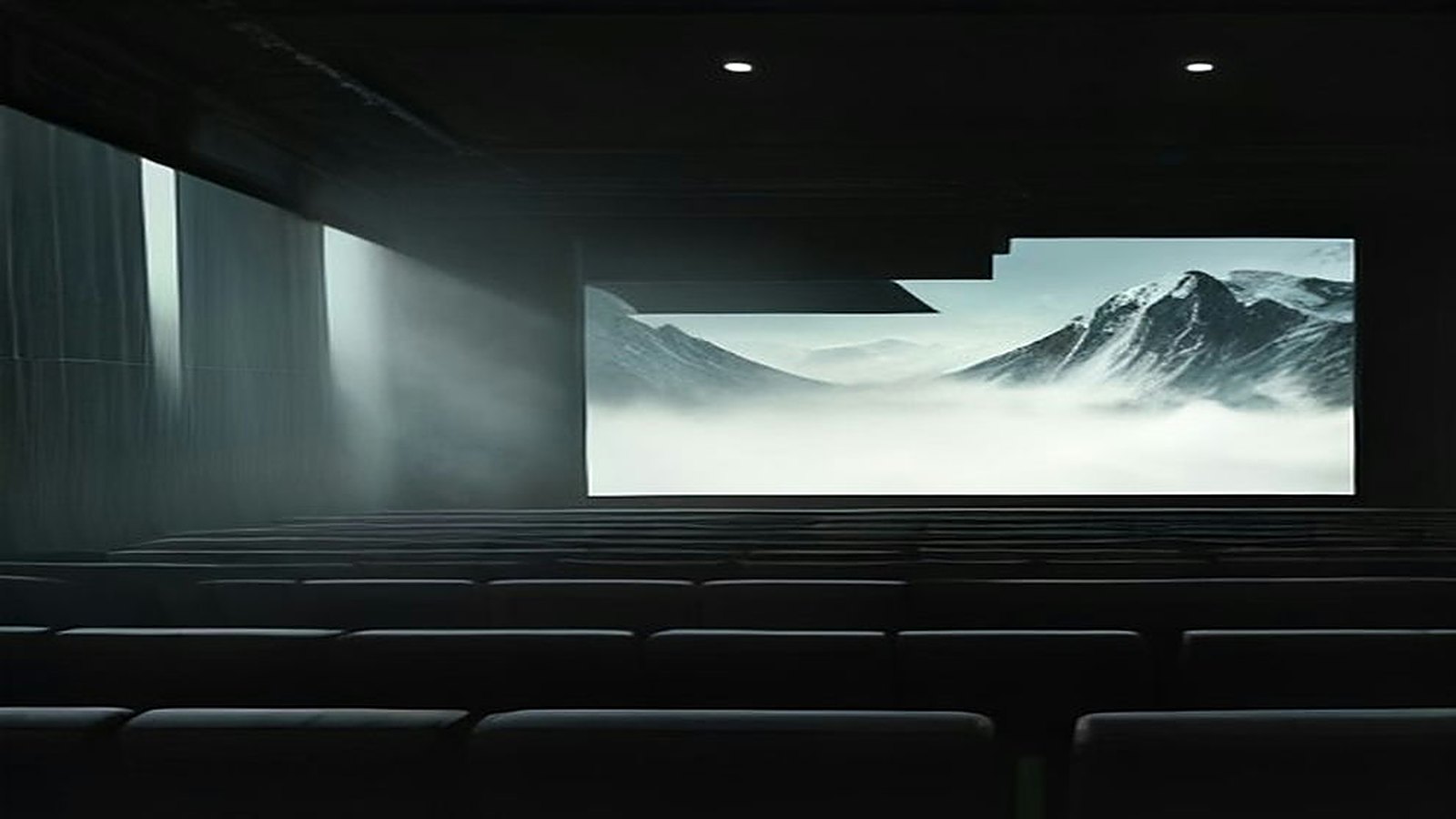 Sala de cine vacía y en penumbra con una pantalla que proyecta montañas entre niebla y filas de butacas oscuras