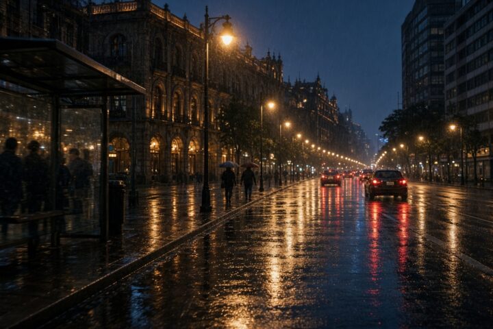 Avenida de la Ciudad de México de noche con pavimento mojado, luces de autos y cielo nublado al fondo