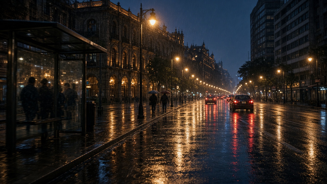 Avenida de la Ciudad de México de noche con pavimento mojado por la lluvia, luces de autos y paraguas a lo lejos