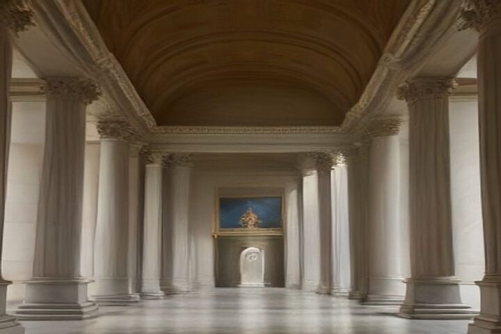 Pasillo de un museo neoclásico con columnas, bóveda y piso de mármol, iluminado con luz cálida, con una pintura al fondo y sin visitantes