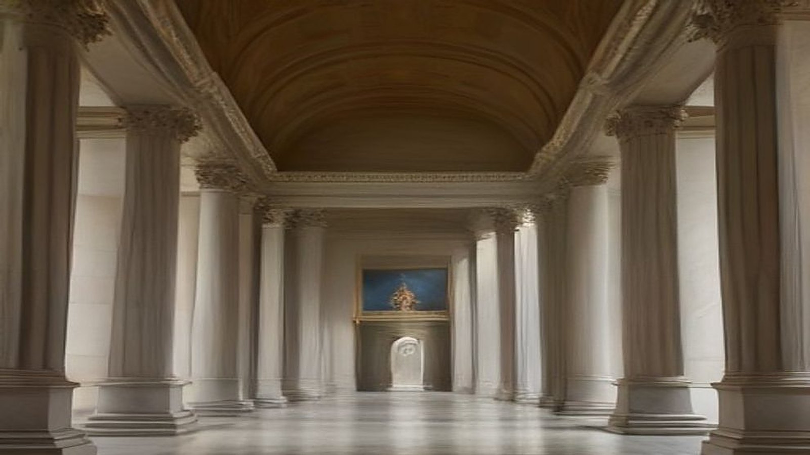 Pasillo de un museo neoclásico con columnas, bóveda y piso de mármol, iluminado con luz cálida, con una pintura al fondo y sin visitantes
