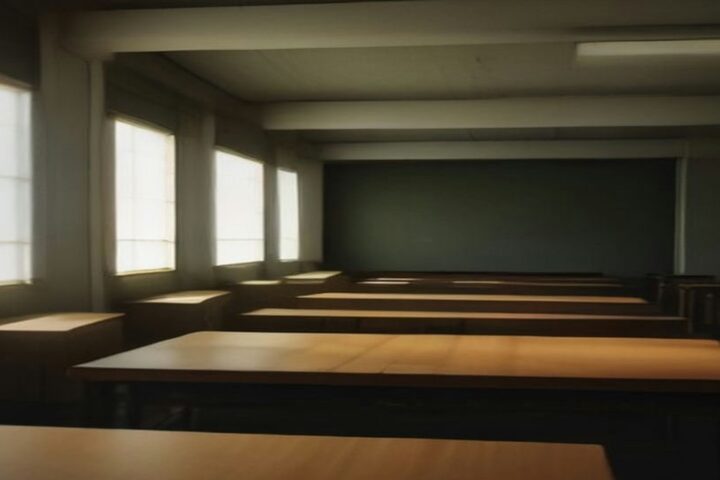 Oficina vacía con largas mesas de madera, ventanales a la izquierda y un pizarrón oscuro al fondo, con luz tenue
