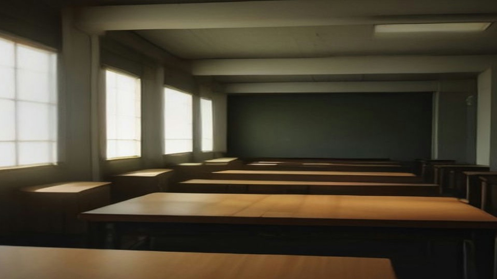 Oficina vacía con largas mesas de madera, ventanales a la izquierda y un pizarrón oscuro al fondo, con luz tenue